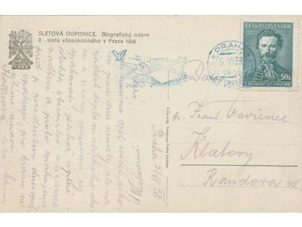 1938, Praha, X. Slet všesokolský, propagační pohlednice