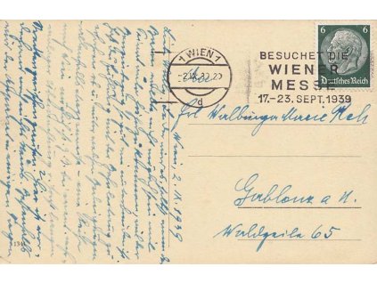 1939, Wien, Besuchet die Wiener Messe, pohlednice zasl. do ČSR