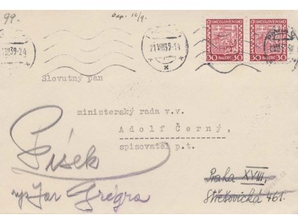 1939, DR Praha 21.8., dopis, zasl. v místě, dosláno do Písku