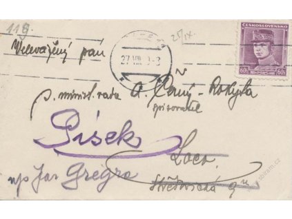 1939, DR Praha 27.8., dopis zasl. v místě, dosláno do Písku