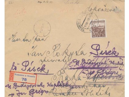 1939, DR Kamenice u Stránčic 16.8., R-dopis, zasl. do Prahy