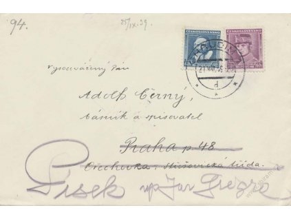 1939, DR Chrudim 21.8., dopis, zasl. do Prahy, dosíláno