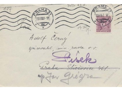 1939, DR Praha 23.8., dopis, zasl. v místě, dosíláno do Písku