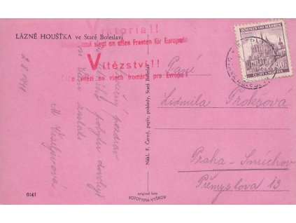 1941, DR Lázně Houšťka + Viktoria, pohlednice zasl. do Prahy