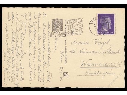 1942, Wien, Kriegs hilfs werk, pohlednice zaslaná do Sudet