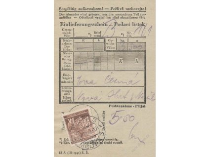 1942, DR Mělník, podací lístek vyfr. zn. 1K Ratolest