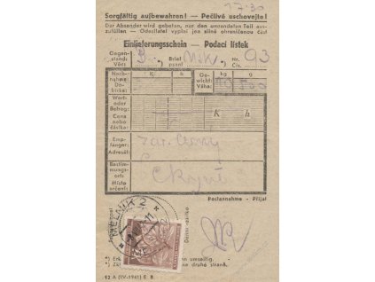 1942, DR Mělník, podací lístek vyfr. zn. 1K, přeloženo, omačkání