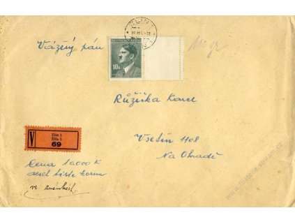 1943, DR Zlín, Cenný dopis vyfr. zn. 10K Hitler