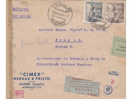 1944, DR Madrid, let. dopis zaslaný do Prahy, cenzura