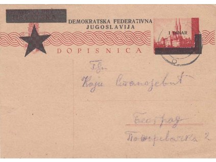1945, DR Tuslo, dopisnice MiNr.P 89 1Dinar/2K, zasl. do Záhřebu