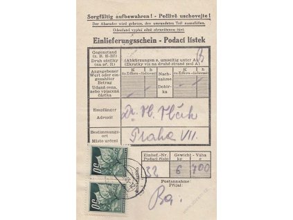 1945, DR Tábor, frankovaný podací lístek, přeloženo