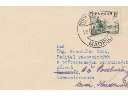1946, DR Madrid, dopis, zasláno do ČSR, vizitkový