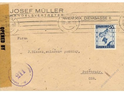 1946, DR Wien, firemní dopis zasl. do ČSR, cenzura
