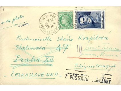 1949, DR Paris, dopis zaslaný do ČSR, dosíláno