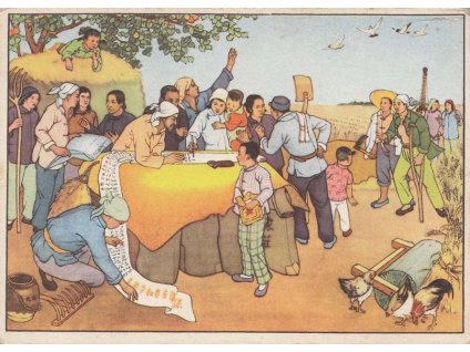 1949, Rolníci podepisují mírovou smlouvu, propagační pohlednice