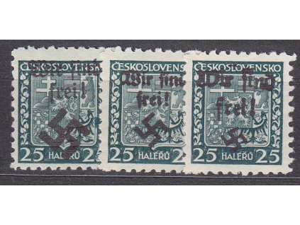 25h Znak, 3 ks s přetiskem WIR SIND FREI, (různě velká svastika), **