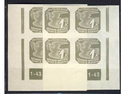 1943, 1K šedá, roh.4blok s DČ1-43, L+P, přerušený rám. **