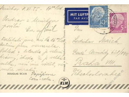 1955, DR München, let. pohlednice KLM