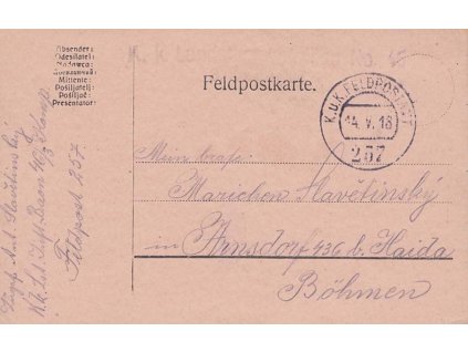 No.257, lístek PP zasl. v roce 1918 do Čech
