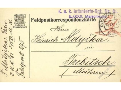 No.275, lístek PP, zasláno v roce 1917 na Moravu