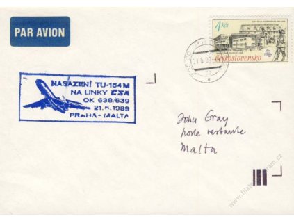 1989, let Praha-Malta, letecký dopis