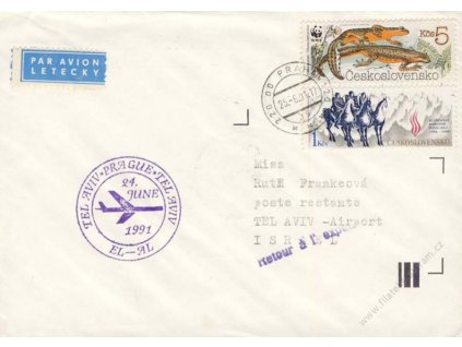 1991, Tel Aviv-Praha-Tel Aviv, letecký dopis