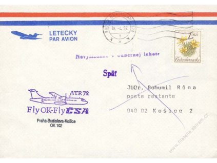 1992, Praha-Bratislava-Košice, letecký dopis