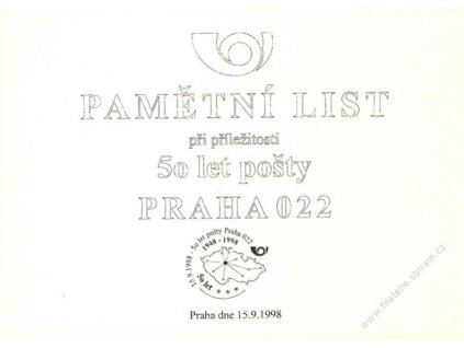 1998, Pamětní list 50 let pošty Praha 022, A5