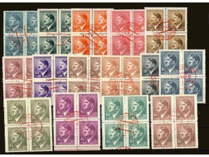 Praha, 12.V.1945, červená razítka, 15 ks 4bloků