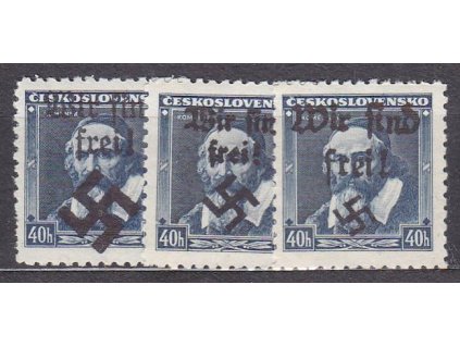 40h Komenský, 3 ks s přetiskem WIR SIND FREI, různě velká svastika, **