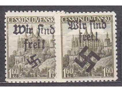 1.60Kč Kutná Hora, 2 ks s přetiskem WIR SIND FREI, různě velká svastika