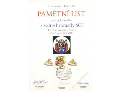 2015, Pamětní list 5. valné hromady SČF, A5, ruční