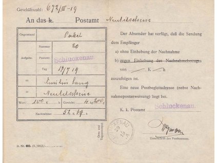 1919, DR Schluckenau 29.7.19, formulář D. Nr. 80. (X./1912.)