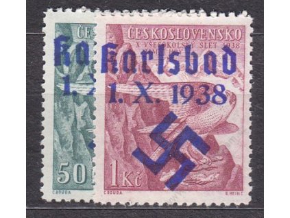 50h-1Kč Sokol, přetisk KARLSBAD 1.X.1938, **