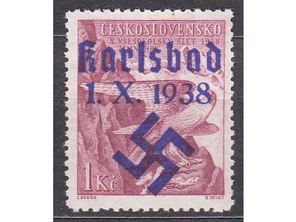 1Kč Sokol, modrý přetisk KARLSBAD 1.X.1938, **