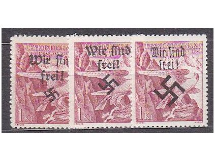 1Kč Sokol, 3 ks s přetiskem WIR SIND FREI, různě velká svastika, **