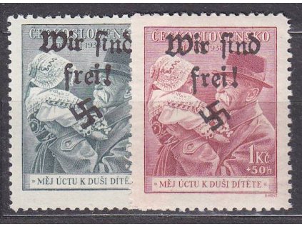 50h-1Kč Masaryk, přetisk WIR SIND FREI (malá svastika), **