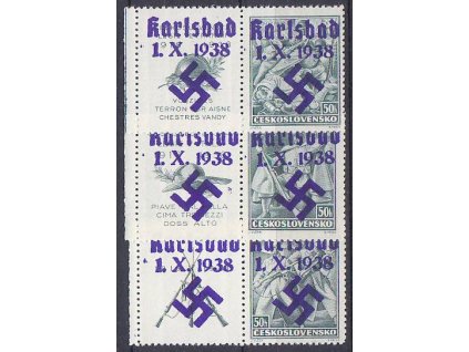 50h Vojenské, 3 hodnoty, levé kupony s přetiskem KARLSBAD 1.X.1938, **