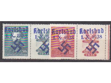 50h a 1Kč Fugner, pravé kupony s modrým přetiskem KARLSBAD 1.X.1938, **