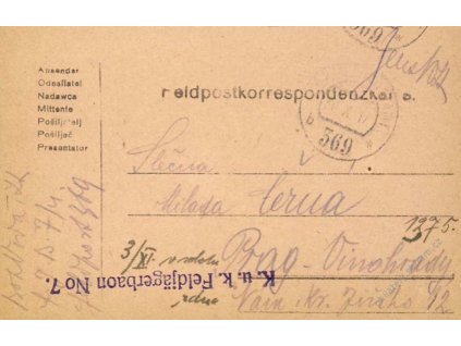 No.369b, lístek PP, zasláno v roce 1917 do Prahy