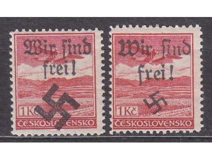 1Kč Letecké, 2 ks, přetisk WIR SIND FREI, různě velká svastika, **
