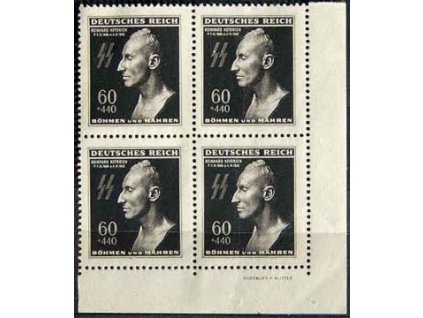 1943, 60h Heydrich, rohový čtyřblok se jménem autora, Nr.111, **