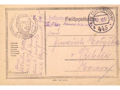 No.445a, lístek PP, zasláno v roce 1917 na Moravu