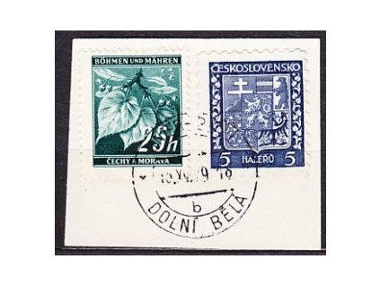 1939, výstřižek se smíš fr. zn. 5h Znak a 25h Ratolest, razítko DOLNI BELA