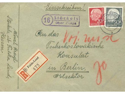 BRD, 1955, Čs. konzulát, R-dopis zaslaný do Berlína
