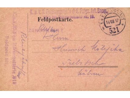 No.521b, lístek PP, zasláno v roce 1917 na Moravu