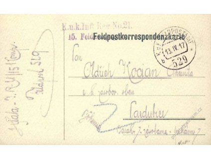 No.529b, lístek PP, zasláno v roce 1917 do Čech
