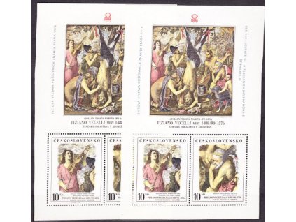 1978, 10Kčs, aršík Tizián, 2ks aršíků s nápisem, DV - čárka na hrudi fauna + DO deformované "N", Nr.A2335B, **