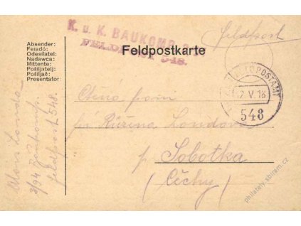 No.548, lístek PP, zasláno v roce 1918 do Čech