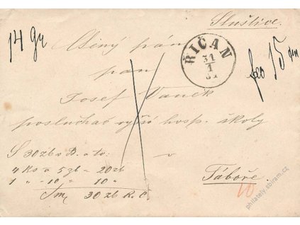Říčan, cenný dopis, obálka z roku 1881